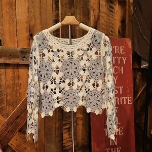 176 Hem & Thread Floral Crochet Lace Blouse in Sage Green and Cream